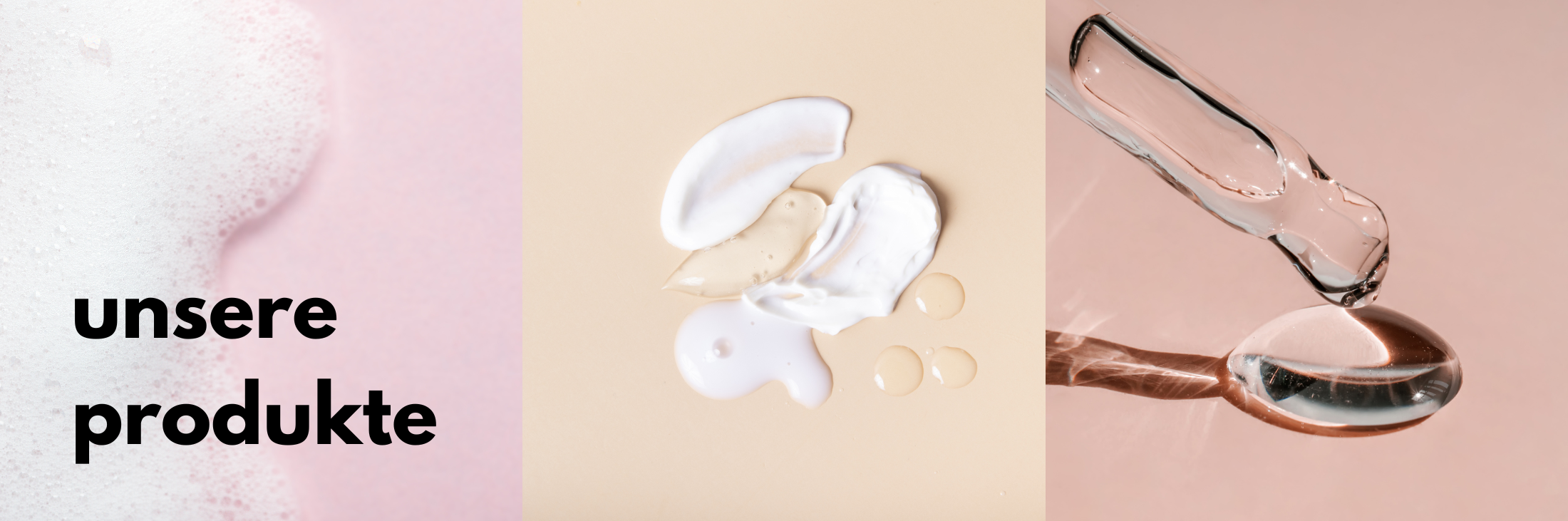 Abbildung von drei verschiedene Texturen von kosmetischen Produkten – Schaum, Creme, Serum.